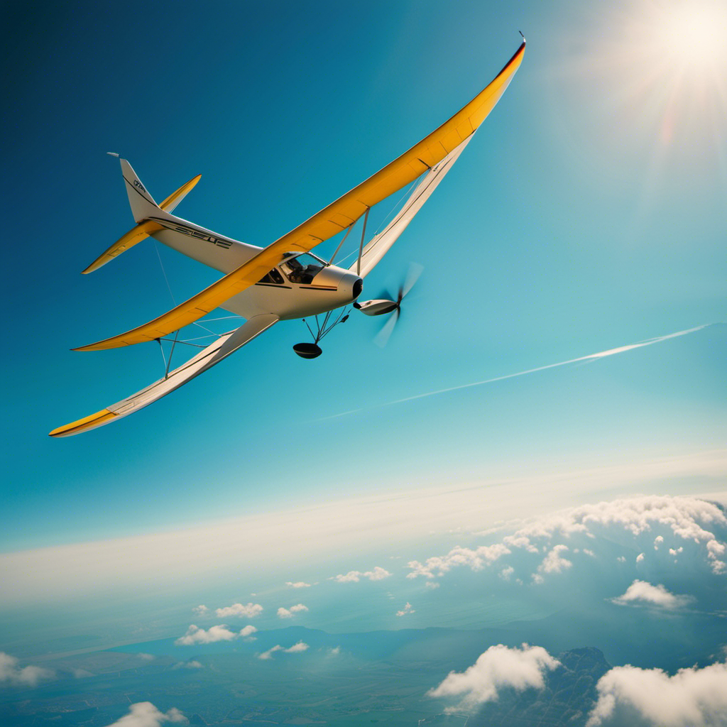 An image showcasing a serene, panoramic view of a glider soaring gracefully through a vibrant azure sky, with the pilot's focused expression beautifully capturing the exhilaration and freedom of gliding