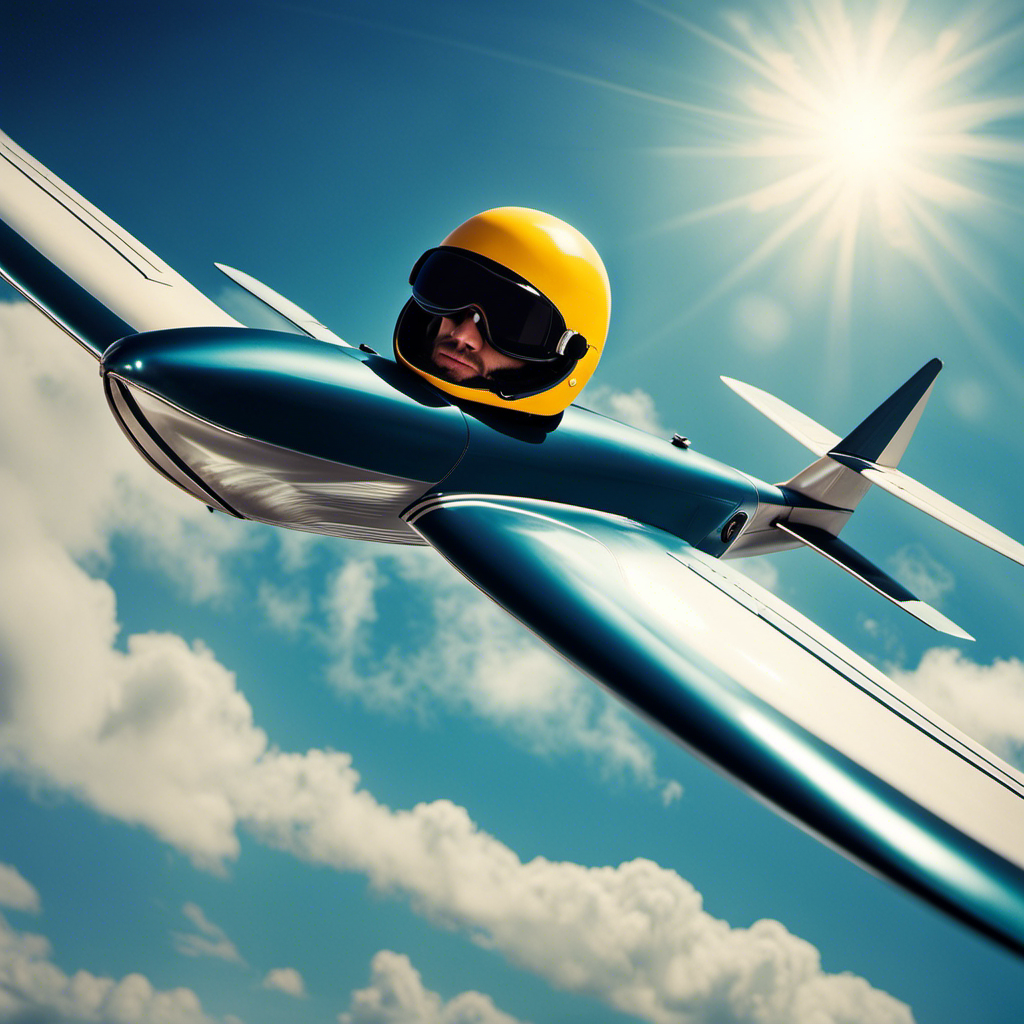 An image that showcases a glider soaring through a clear blue sky, with a pilot wearing a sleek, form-fitting jumpsuit, aerodynamic helmet, and goggles, radiating confidence and freedom