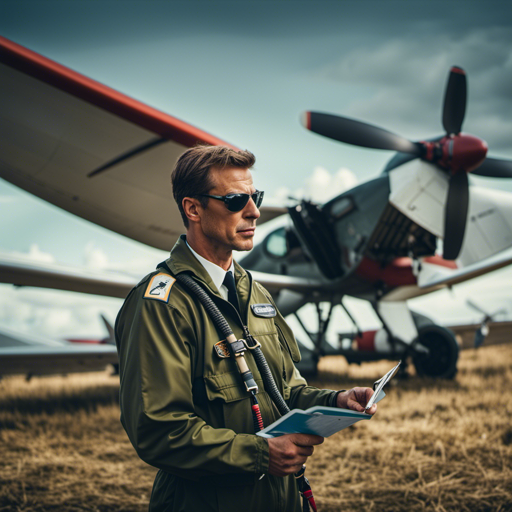 An image showcasing a skilled pilot, dressed in a flight suit and holding a checklist, meticulously inspecting the tow rope connection between a glider and a powerful tow plane, ensuring a safe and successful flight