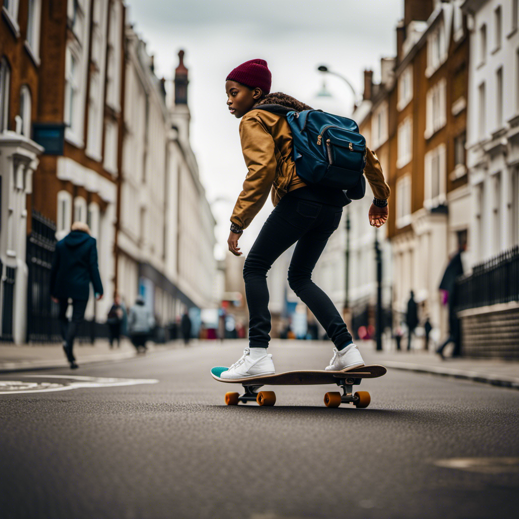 An image showcasing a young Londoner effortlessly gliding through the city streets on a skateboard, exuding confidence and style