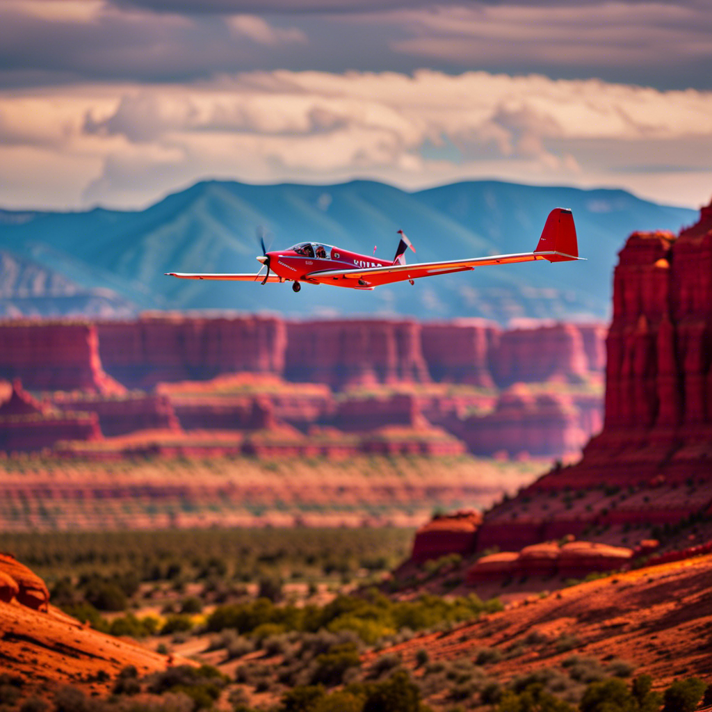 An image capturing the serene beauty of the Utah skies, featuring a glider soaring gracefully amidst the towering red rock formations