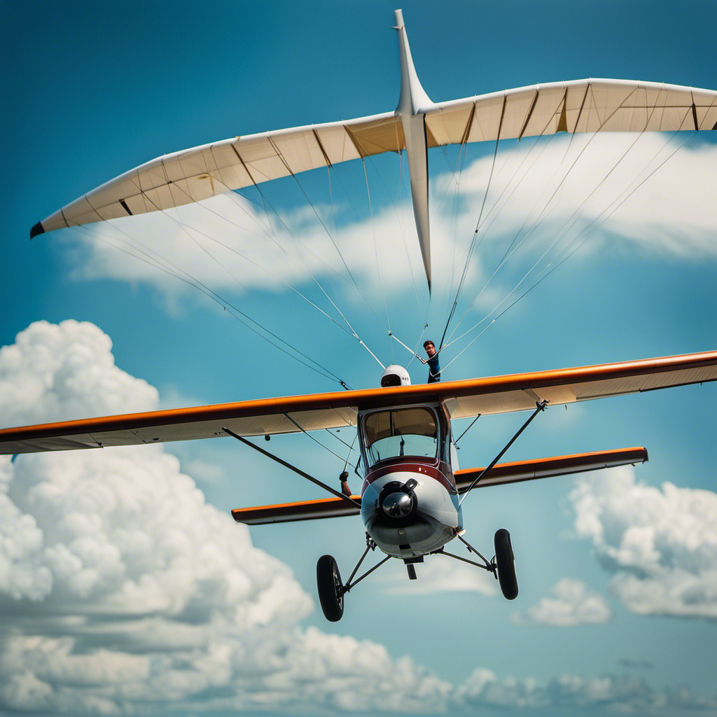 An image showcasing a private pilot gracefully transitioning into a glider pilot, capturing the moment as they release the tow rope, soaring freely amidst serene blue skies, with their hand confidently on the glider's control stick