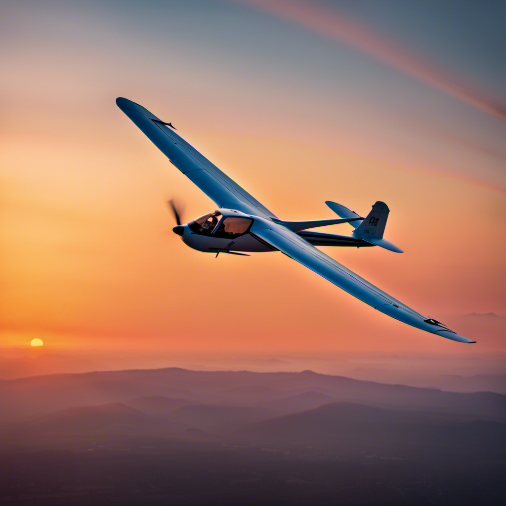 Capture an image of a glider soaring gracefully against a vibrant sunset backdrop, with the pilot's focused expression and steady grip on the controls evidencing the fine balance of skill, precision, and unwavering determination required for glider piloting