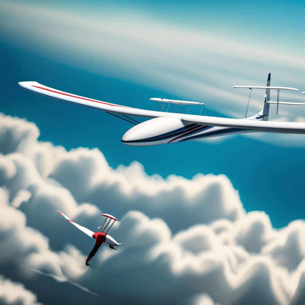 An image depicting a serene blue sky backdrop with a glider soaring gracefully through the air, its delicate wingspan visible, while a pilot confidently operates the self-launch mechanism, showcasing the exhilarating process of obtaining a glider license and self-launch endorsement