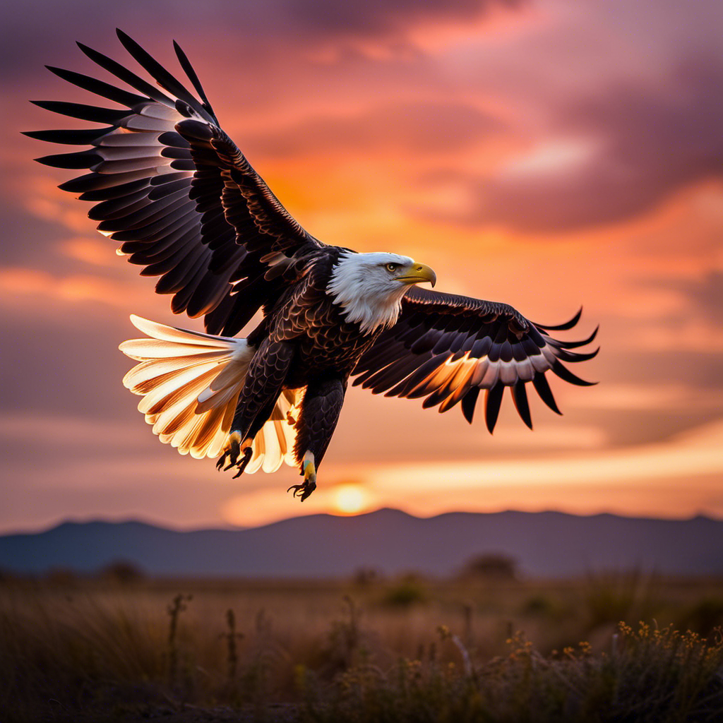 an image capturing the essence of 'Soaring Wings' by depicting a majestic eagle, its wings outstretched against a vibrant sunset sky, effortlessly gliding through the air with grace and freedom