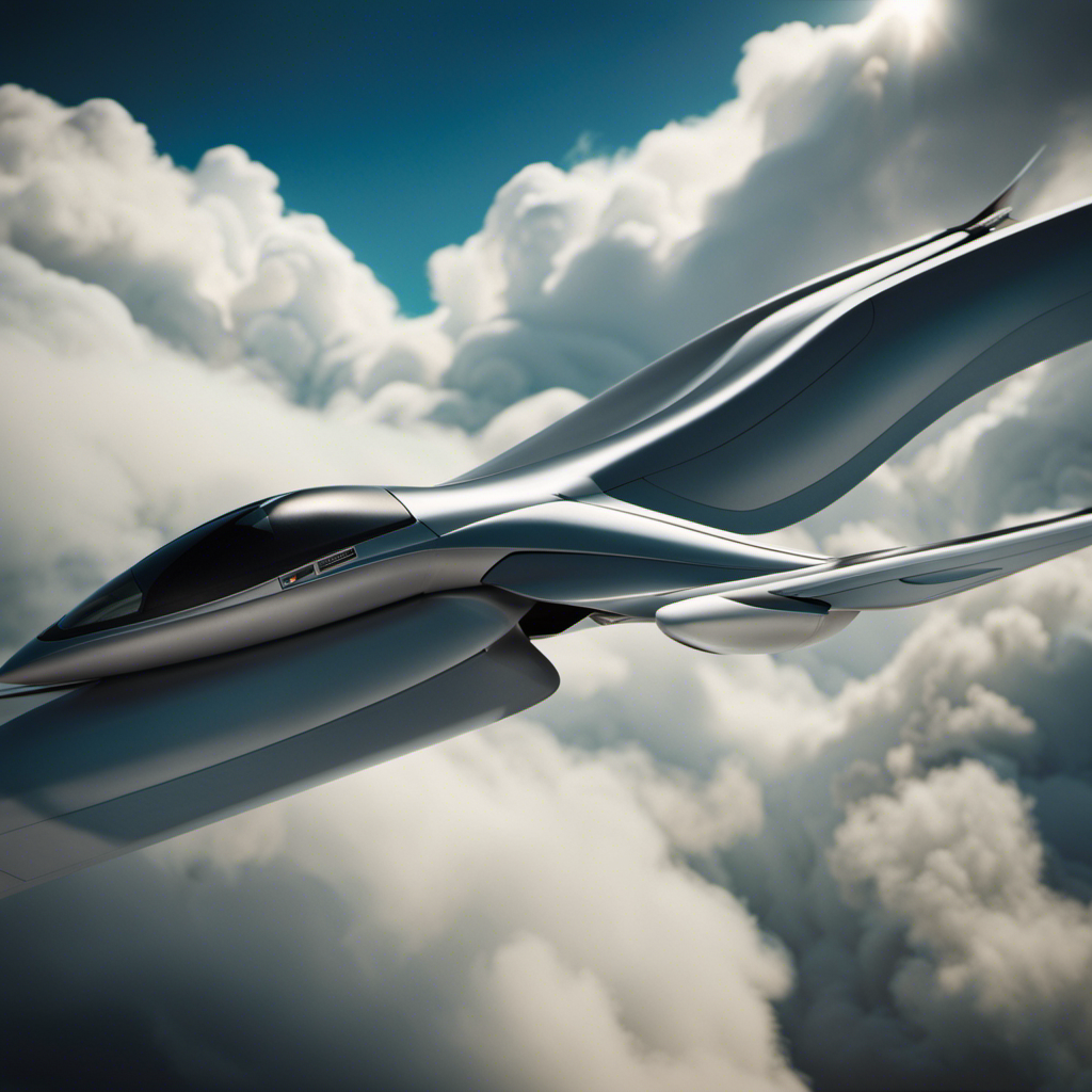 An image depicting a sleek glider soaring through the sky, propelled forward by the force of air rushing over its streamlined wings, showcasing the intricate interaction between air pressure, wing shape, and angle of attack
