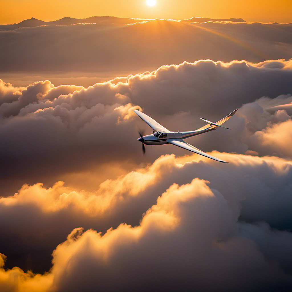 An image capturing the serene beauty of a glider soaring gracefully through a cloud-streaked sky, its wings outstretched against a backdrop of golden sunset hues, evoking the freedom and tranquility that gliding brings