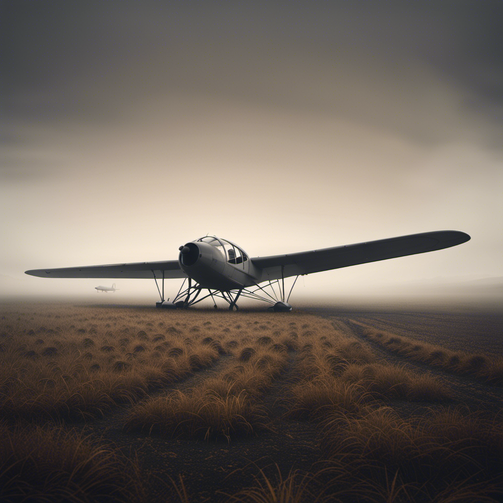 An image showcasing a desolate landscape shrouded in mist, with a lone glider abandoned on a dilapidated runway, evoking curiosity about the mysterious disappearance of glider pilot Balleka