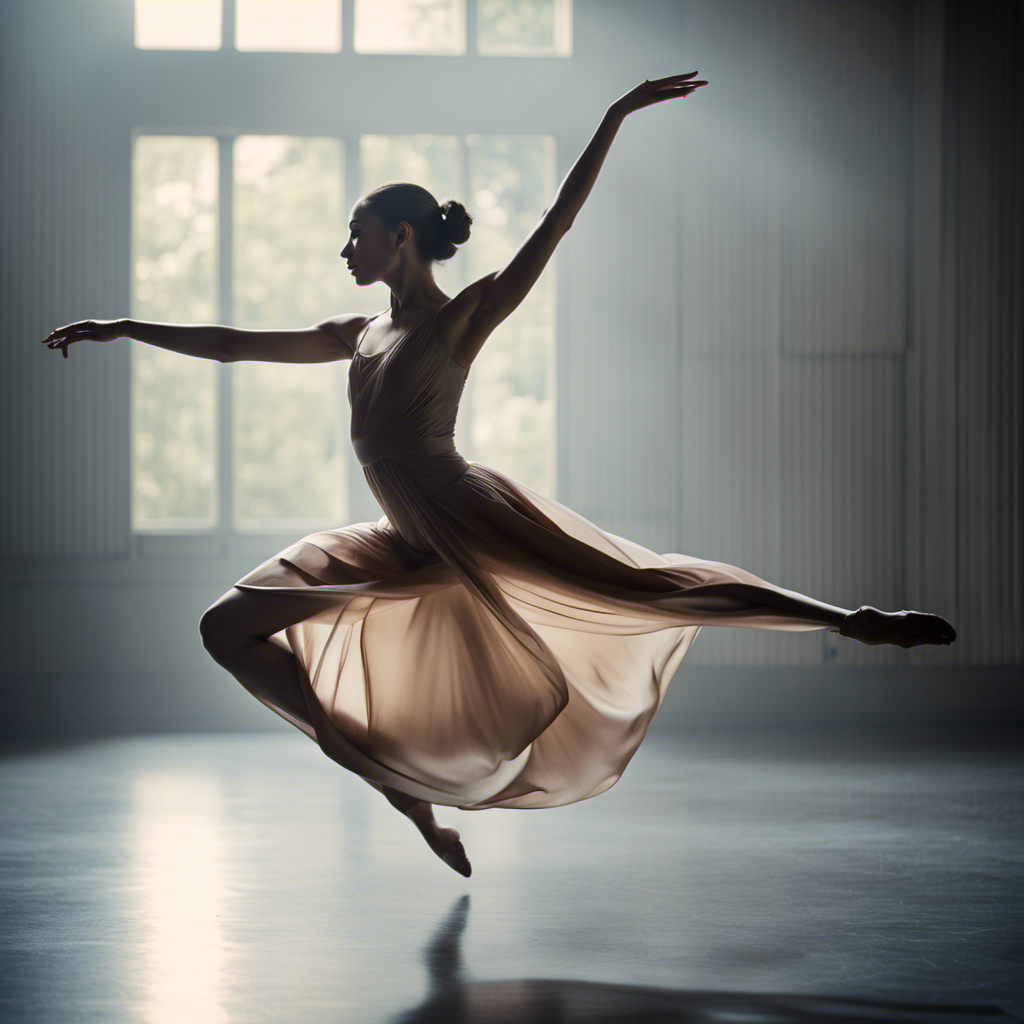 An image capturing the graceful motion of a gliding movement, showcasing a dancer's extended limbs effortlessly floating through space, their body arched and suspended mid-air, exuding a sense of weightlessness and fluidity