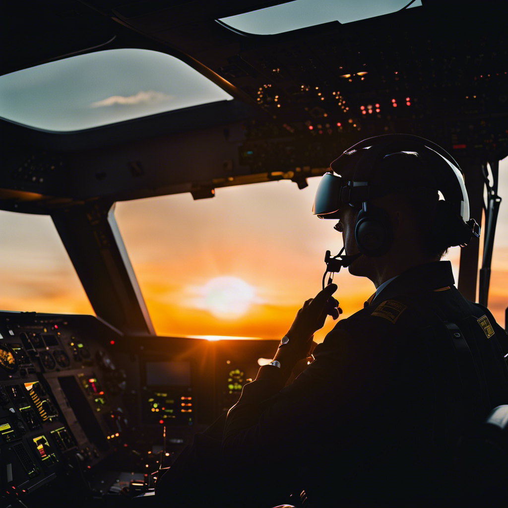An image capturing the intense dilemma of a pilot needing to relieve themselves mid-flight: a cockpit silhouette against a glowing sunset, with a visible restroom door, indicating the pilot's predicament