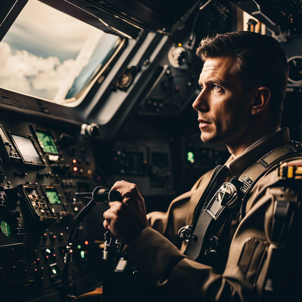 An image showcasing a pilot inside a cockpit, desperately holding onto the control stick while crossing their legs