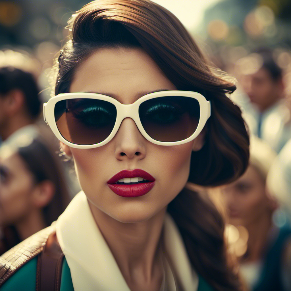 An image featuring a close-up of a stylishly dressed person with oversized sunglasses, surrounded by a group of amazed onlookers