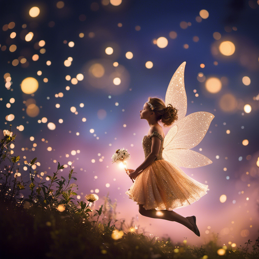 An image of a whimsical, moonlit sky where a tiny, luminescent fairy gracefully glides through the air, her delicate wings shimmering with ethereal hues while leaving behind a trail of sparkling stardust