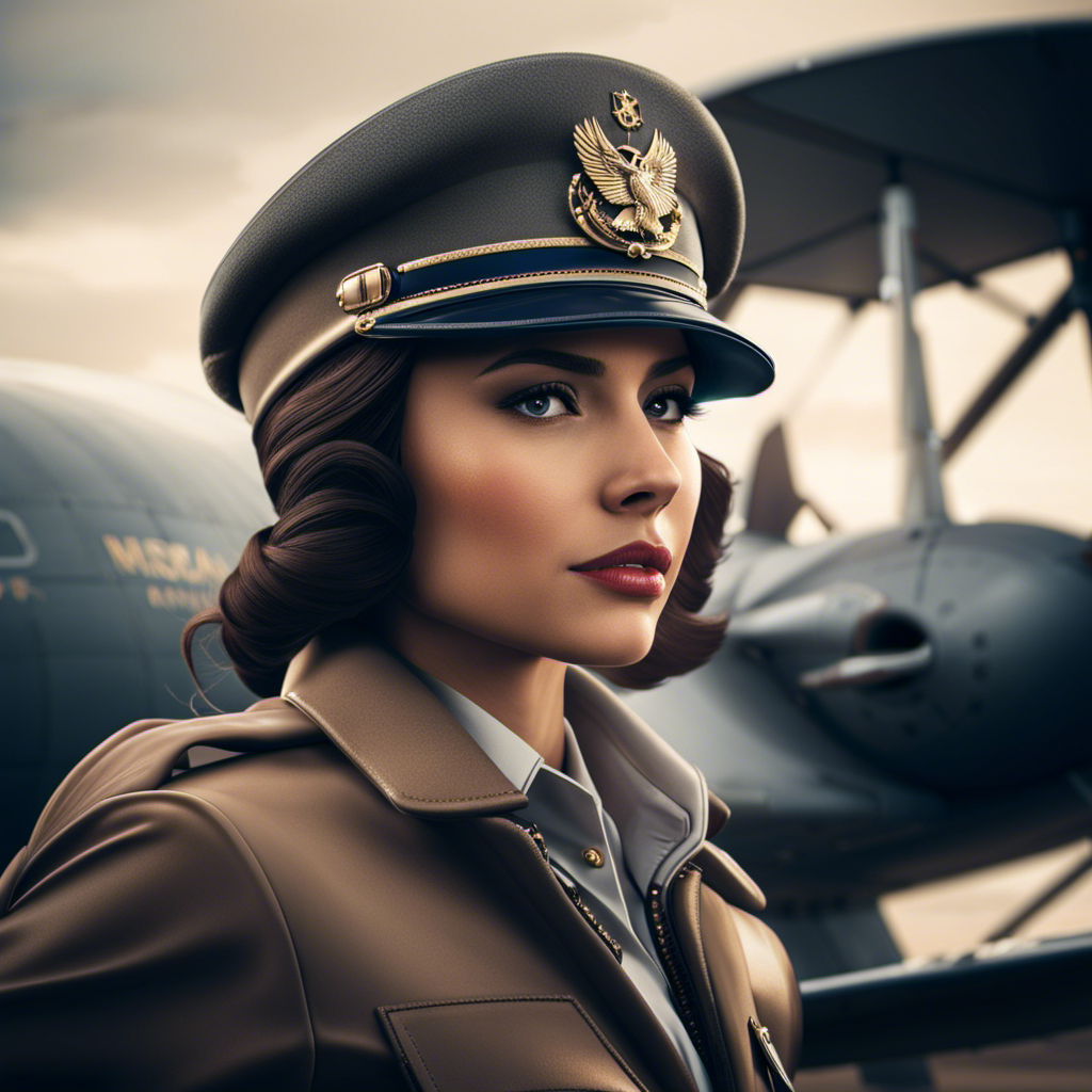 An image that showcases a confident female aviator in her immaculate uniform, donning a fitted cap, standing beside a sleek aircraft, exuding an aura of expertise and determination