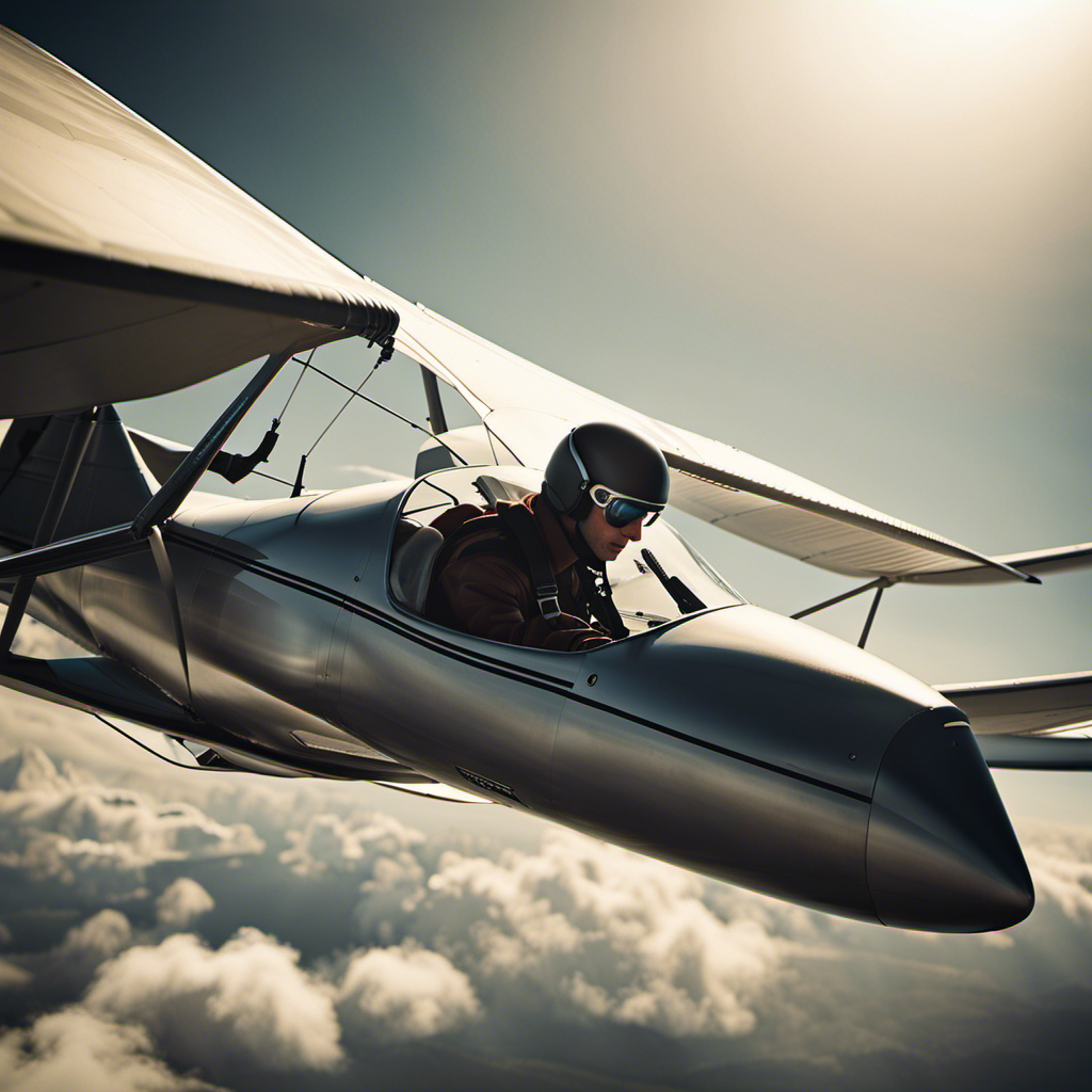 An image capturing the essence of a glider pilot: a skilled aviator gracefully soaring through the infinite sky, maneuvering their sleek glider with precision, while their focused expression reflects a deep passion for the art of flying