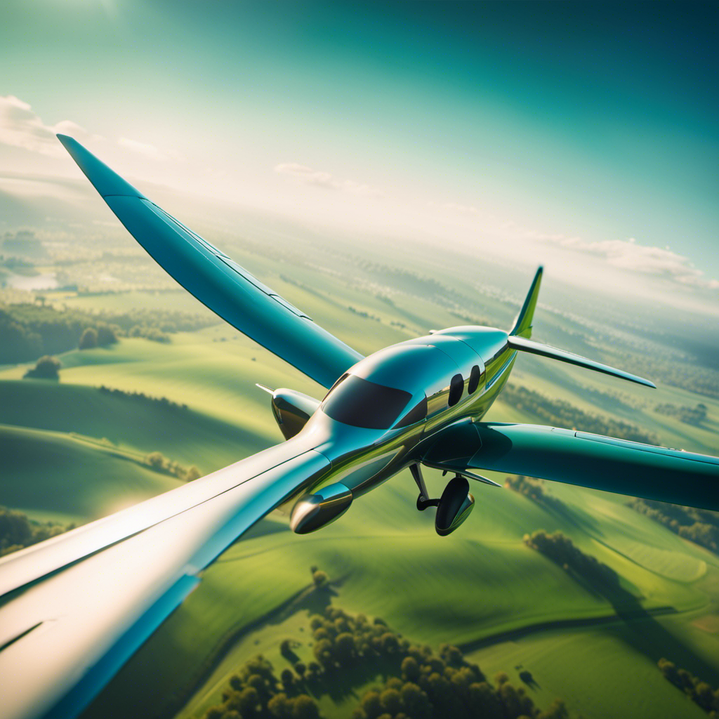 An image that showcases a sleek, slender glider plane soaring gracefully through the azure sky, its wings spread wide, casting a shadow on the luscious green landscape below