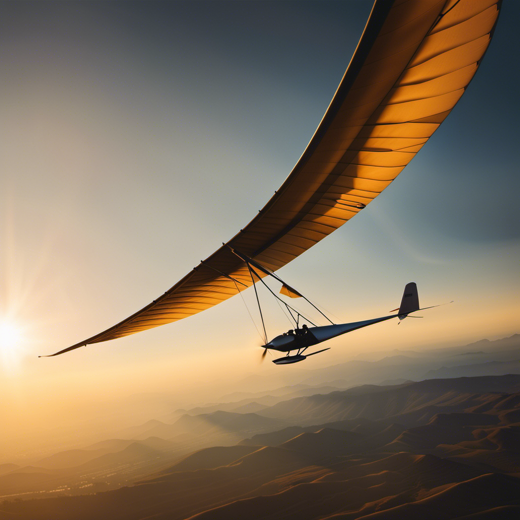 An image showcasing the graceful elegance of gliding; capture the moment when a glider soars effortlessly through the sky, its wings stretched wide, casting a shadow against the backdrop of a golden sunset