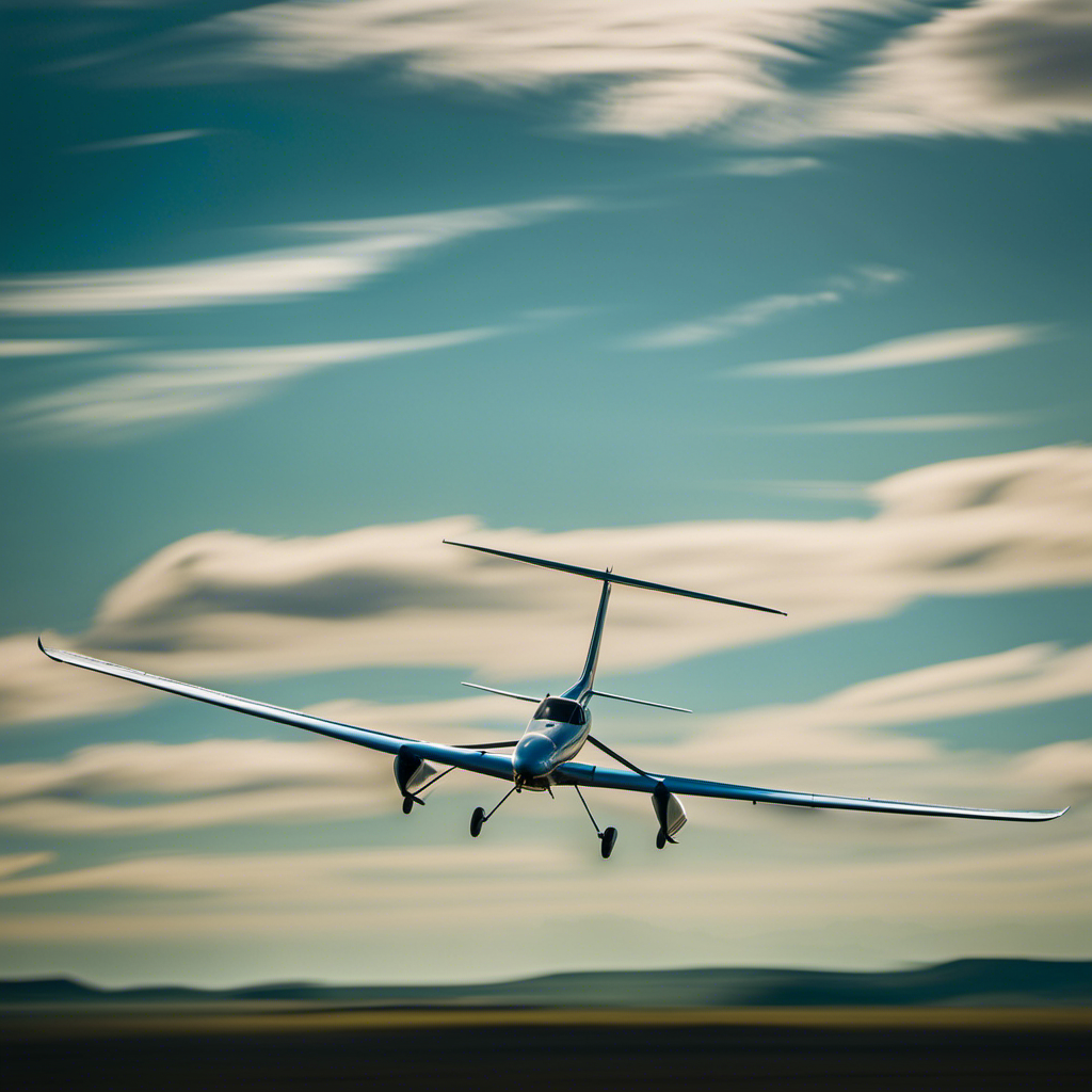 An image capturing the graceful silhouette of a sailplane soaring through a vibrant blue sky, its sleek wings stretched wide, casting a shadow over the rolling countryside below