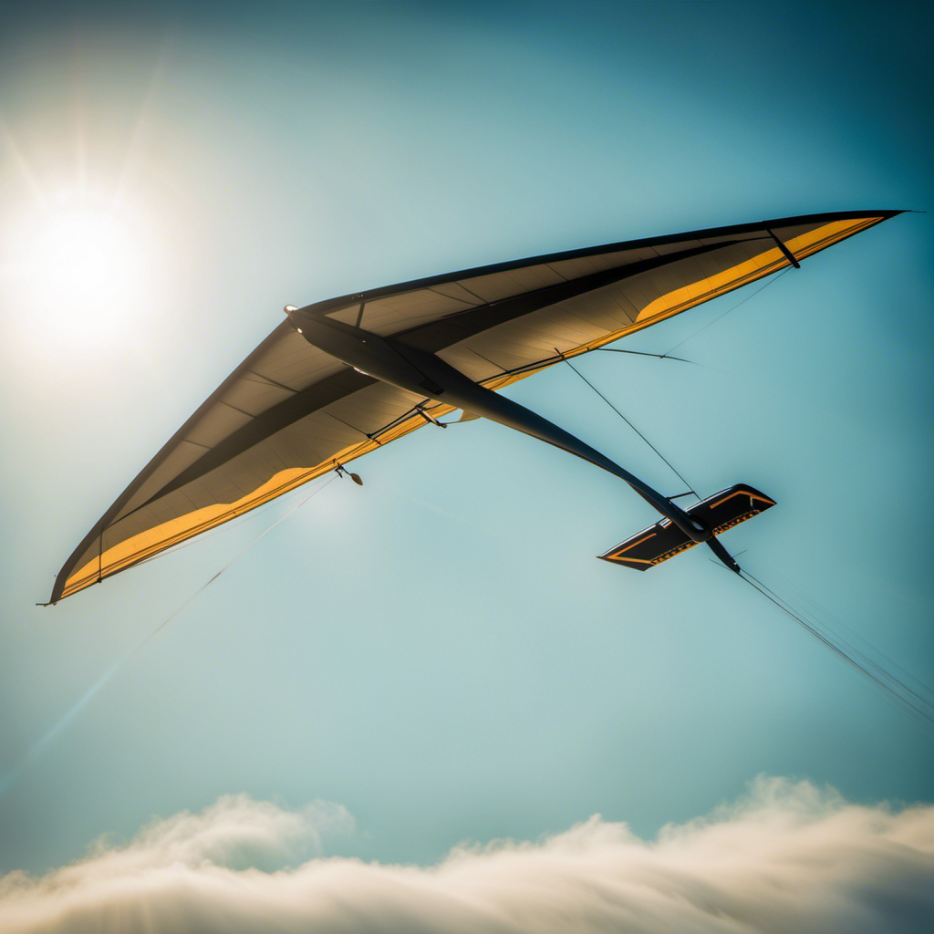 An image of a sleek, lightweight glider soaring through a vivid blue sky, suspended by a small, powerful winch