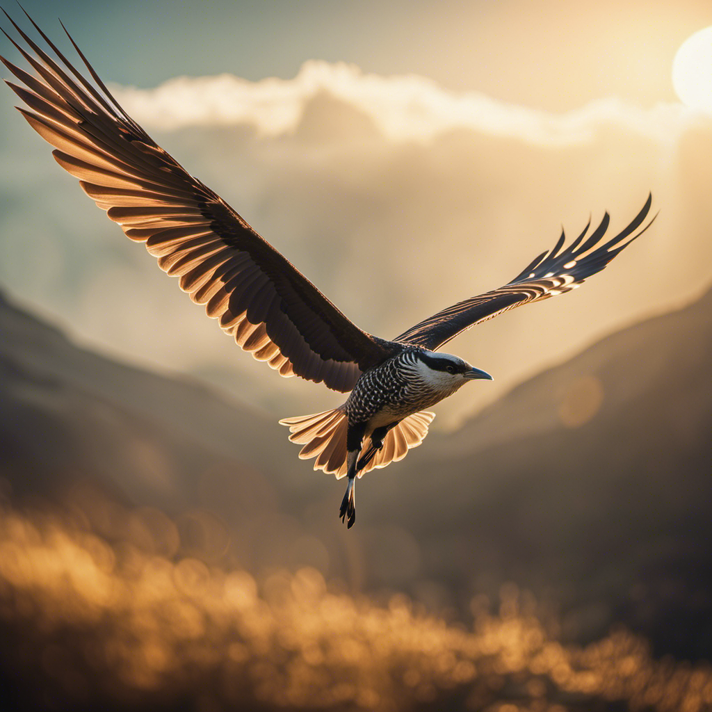 An image showcasing a majestic bird with outstretched wings, effortlessly gliding through the sky, surrounded by the vast expanse of a sun-kissed, cloud-streaked horizon