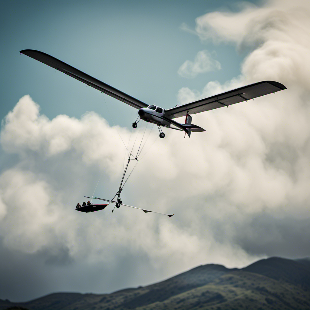 An image capturing the exhilarating moment of a winch launch glider ascending into the sky, with its sleek wings fully extended, a powerful tow rope stretching taut, and the ground crew in action