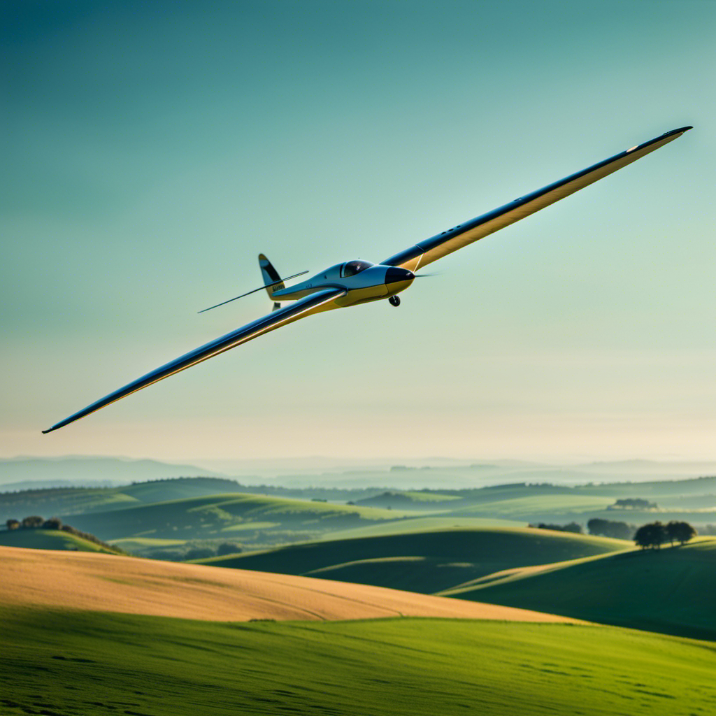 An image capturing the graceful flight of a glider soaring through a clear blue sky, its sleek wings outstretched, casting a shadow below as it effortlessly glides above rolling hills and lush green fields