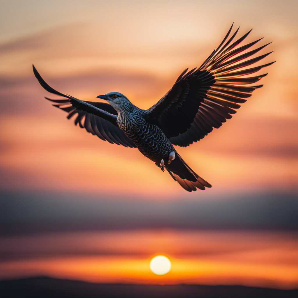 An image capturing the awe-inspiring sight of a majestic bird in flight, its expansive wings outstretched against a vibrant sunset, effortlessly gliding through the sky with grace and elegance