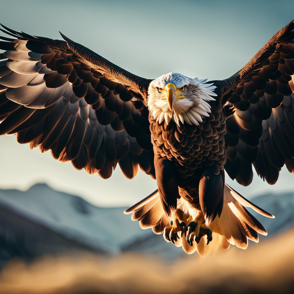 An image capturing the exhilarating sight of a majestic eagle, wings outstretched and effortlessly gliding across an azure sky, its sharp gaze fixated on the distant horizon