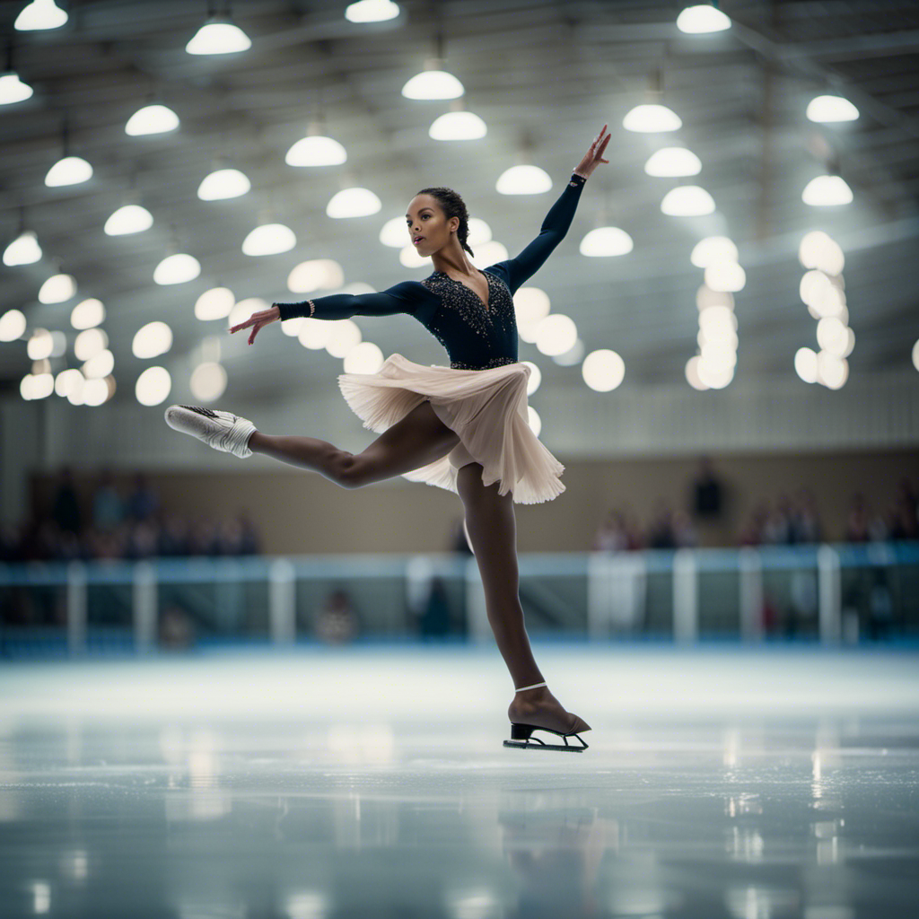 An image capturing the graceful motion of a figure skater effortlessly gliding across an ice rink, with arms extended in perfect balance, capturing the essence of the word "gliding" in its purest form