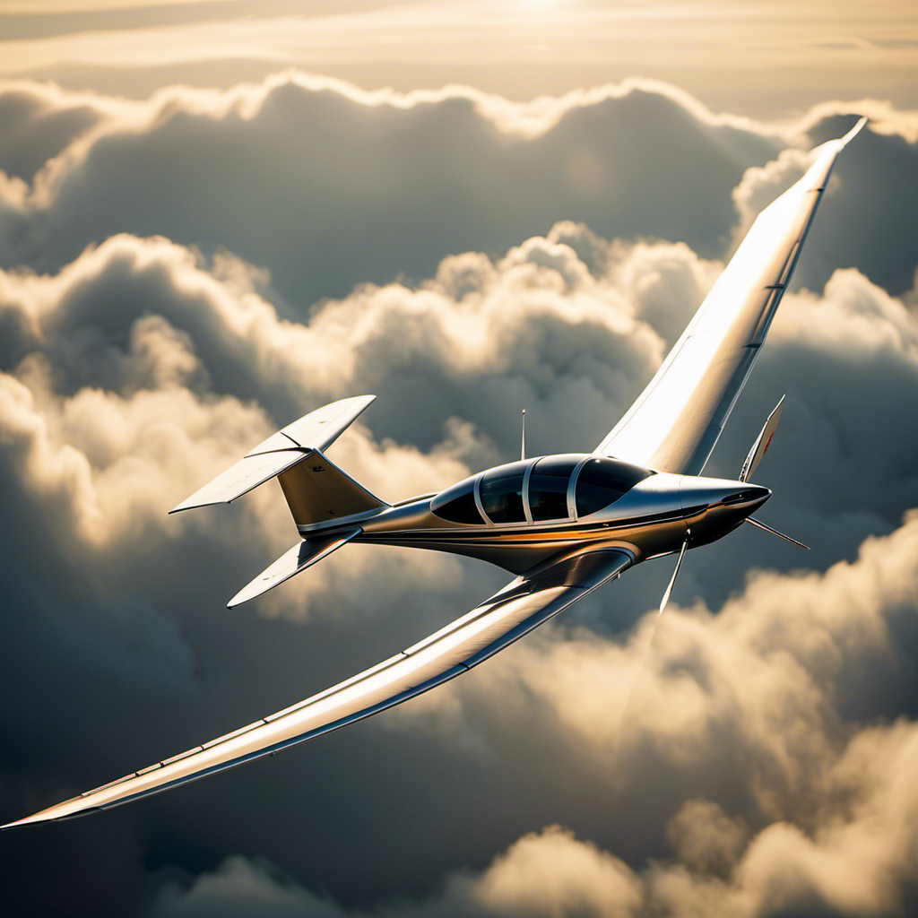 An image showcasing a sleek, aerodynamic sailplane soaring gracefully through the sky, its slender wingspan effortlessly slicing through the clouds, while the sun's rays illuminate its polished fuselage, emphasizing its exquisite craftsmanship and precision engineering