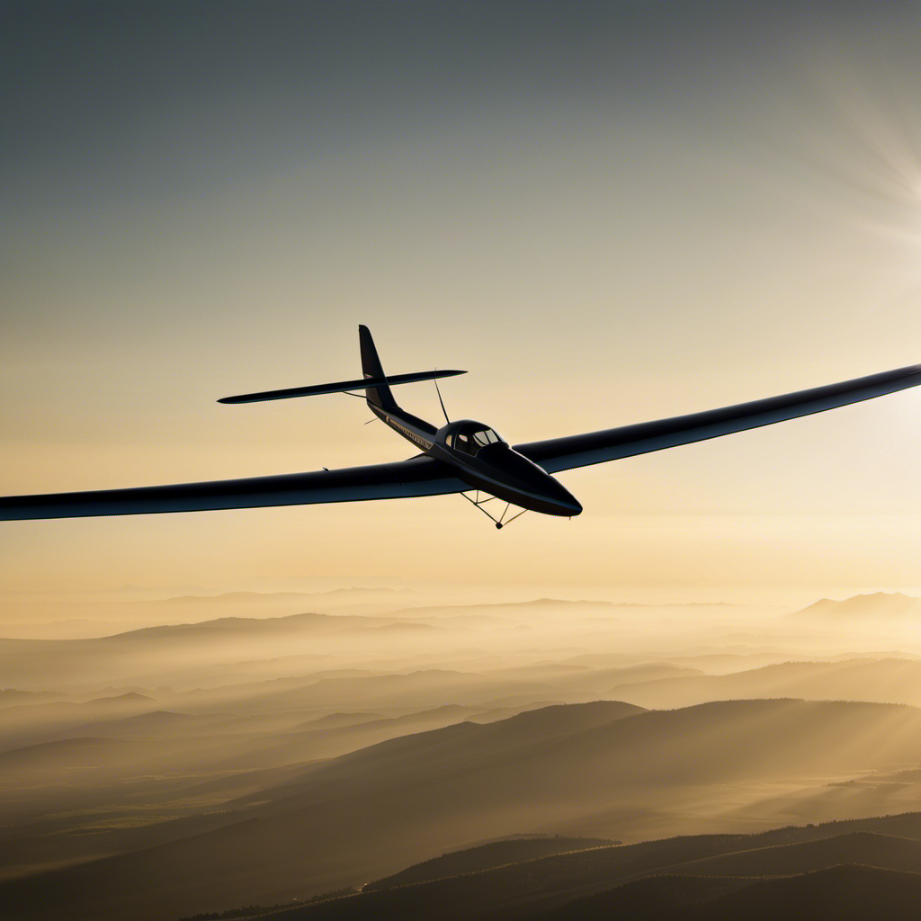An image capturing the elegant silhouette of a res sailplane gliding gracefully through the sky, its slender wings outstretched, sunlight reflecting off its polished fuselage, while the pilot's focused gaze pierces the horizon