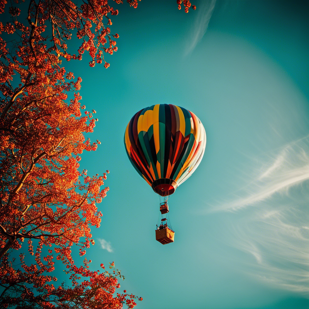 An image showcasing a vibrant hot air balloon gracefully soaring amidst a cloudless, cerulean sky