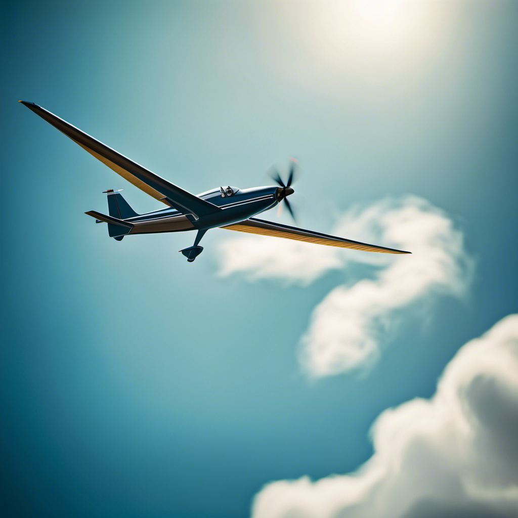 An image showcasing a sleek, lightweight glider plane soaring effortlessly through the clear blue sky, its elongated wings gracefully cutting through the air as the pilot's hands firmly grip the control stick