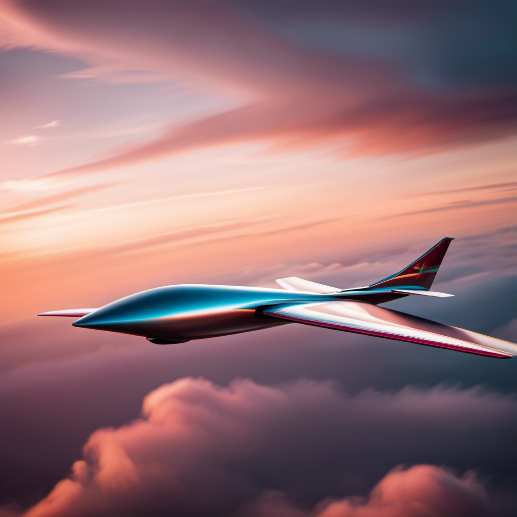 An image showcasing a sleek, aerodynamic glider soaring gracefully through a vividly colored sky, with its wingspan outstretched, capturing the sheer freedom and elegance of this silent flying machine