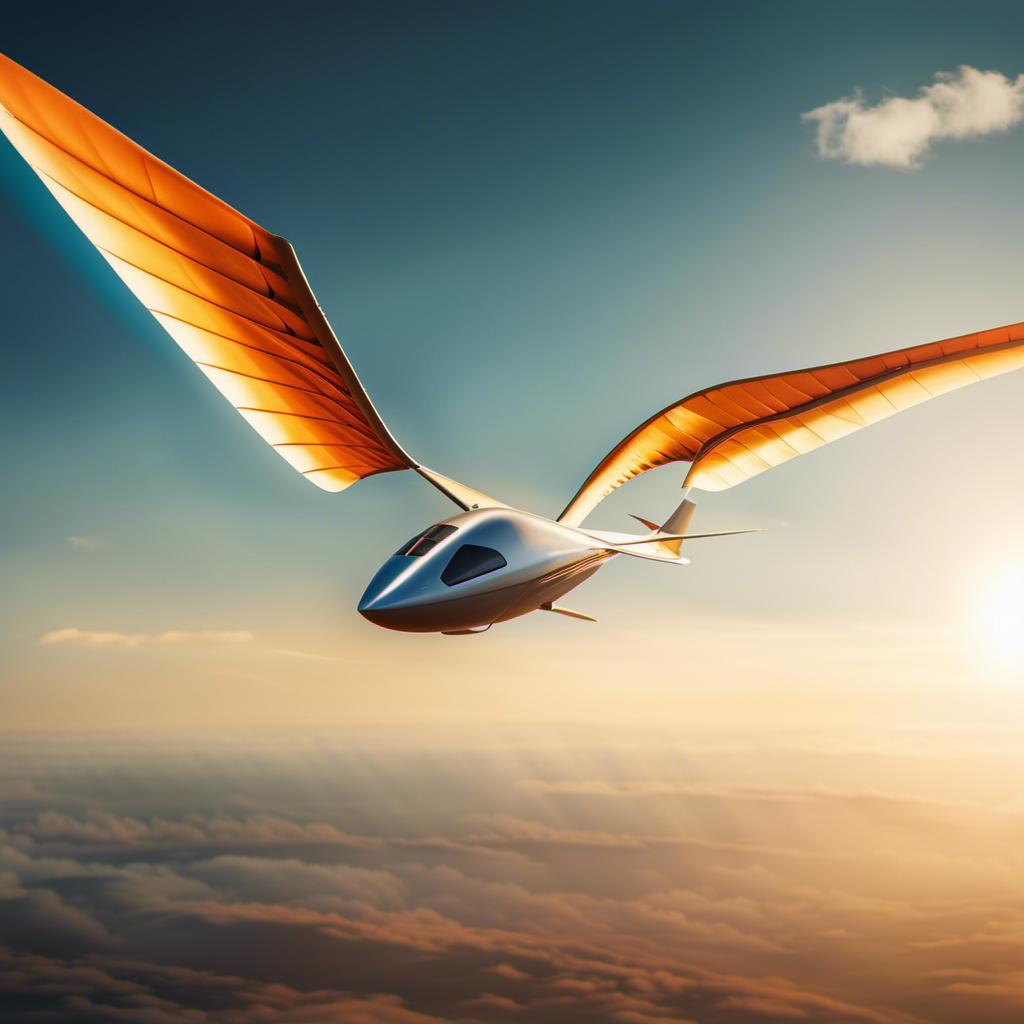 An image showcasing a sleek, aerodynamic glider soaring gracefully through the air, with its wings outstretched and sunlight casting a vibrant glow, illustrating the concept of gliding in physics