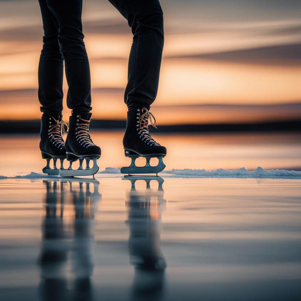 An image showcasing a serene lake at sunset, with a lone figure effortlessly gliding across the water's surface on a pair of ice skates, capturing the essence of gliding in the past tense
