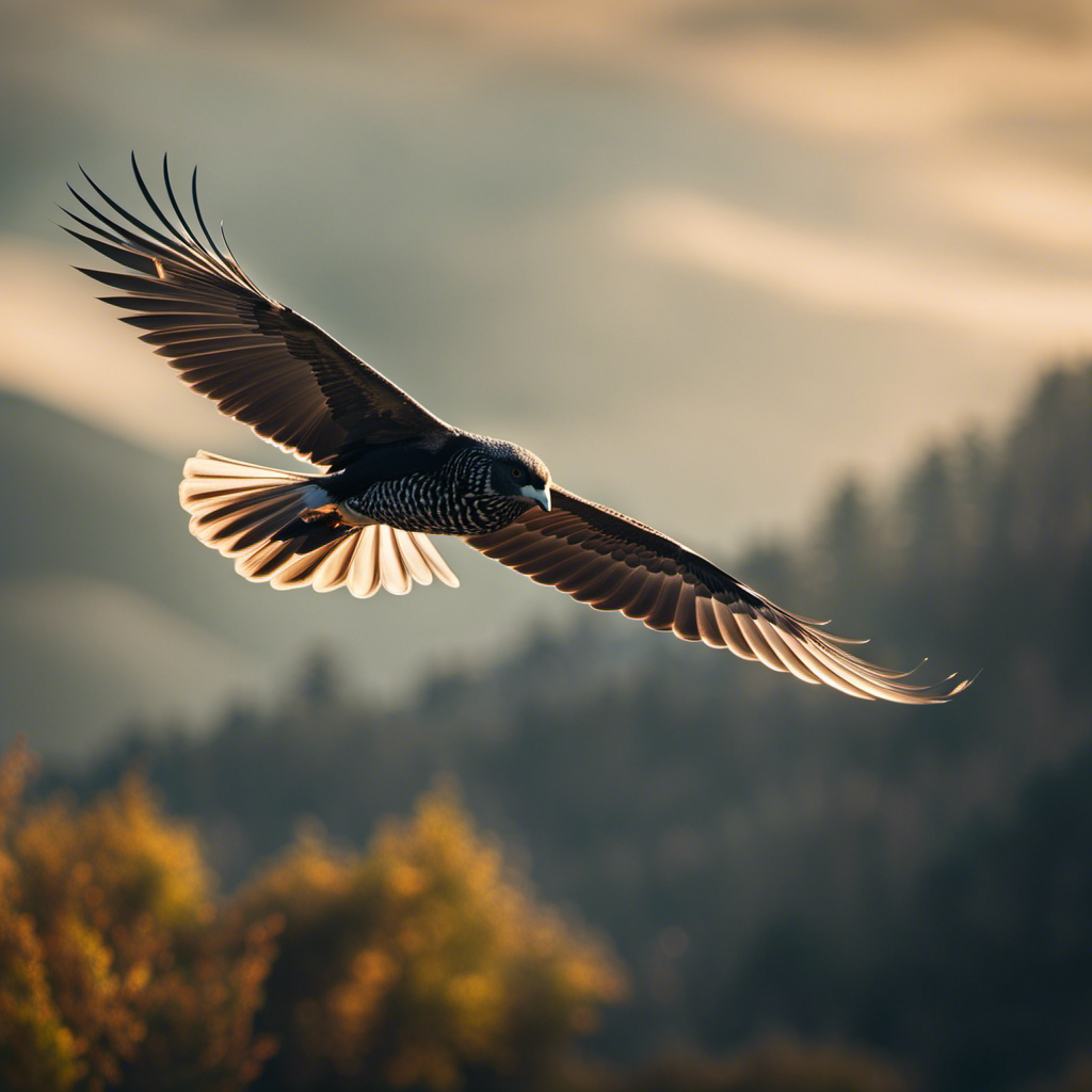 Create an image showcasing the graceful movement of a soaring bird, effortlessly gliding through the sky with outstretched wings, capturing the essence of gliding speed