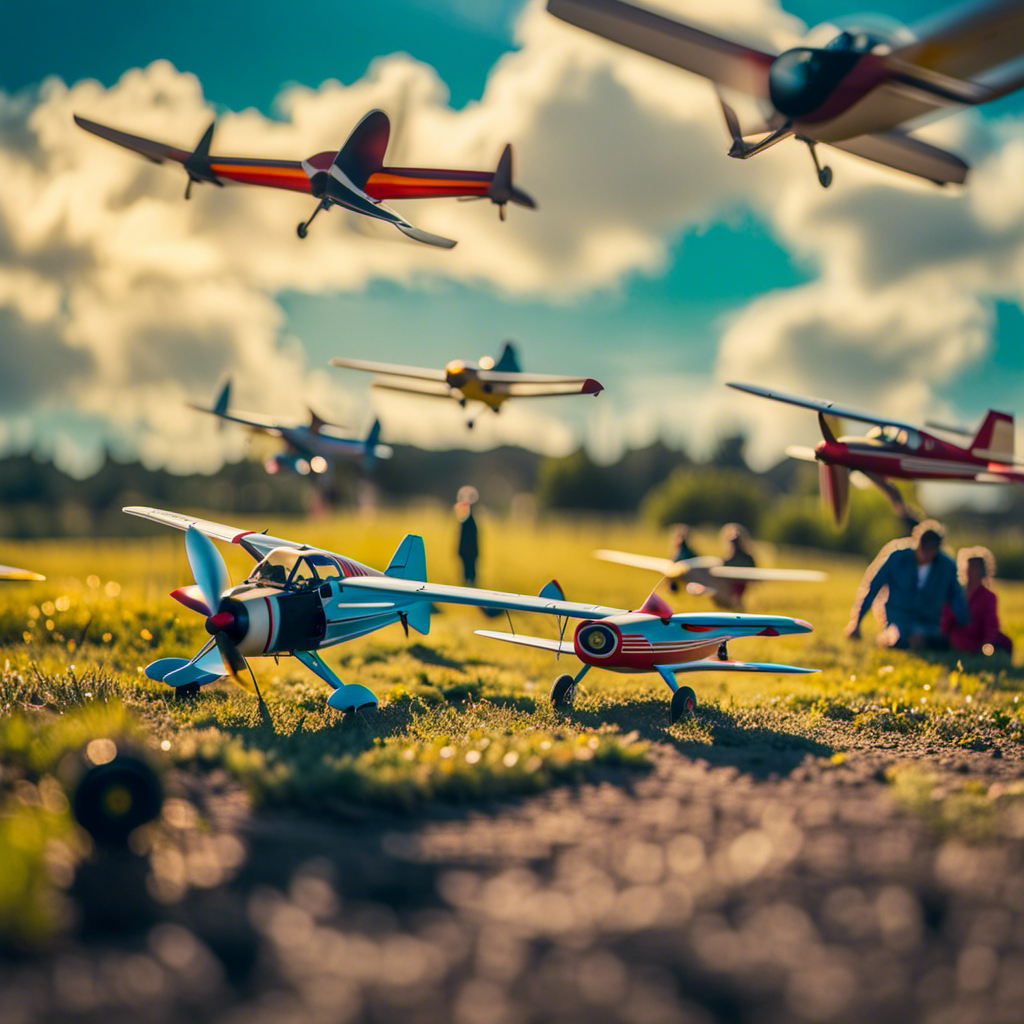 An image depicting a sunlit open field with a colorful array of remote-controlled airplanes gracefully soaring through the sky