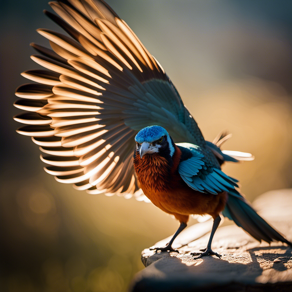 An image capturing the mesmerizing motion of a bird's wings in mid-flap: vibrant feathers gracefully arched, sunlight illuminating translucent membranes, and intricate patterns revealing the hidden artistry of avian flight