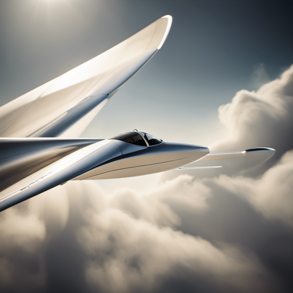 An image showcasing a sleek sailplane soaring through the sky, showcasing its wings with a distinct curved shape, known as camber