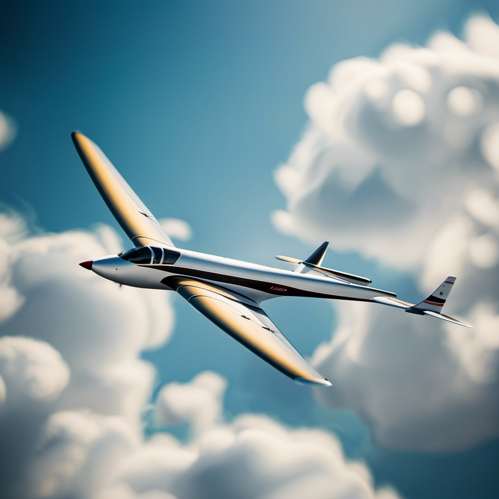 An image showcasing a graceful sailplane soaring majestically through the clear blue skies, its sleek aerodynamic design, slender wings, and cockpit capturing the essence of German engineering and innovation