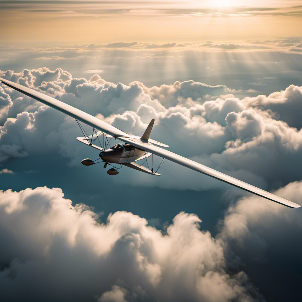 An image showcasing a breathtaking aerial view of a glider gracefully soaring through the clouds, with sunlight illuminating its wings and casting a soft glow on the surrounding landscape below