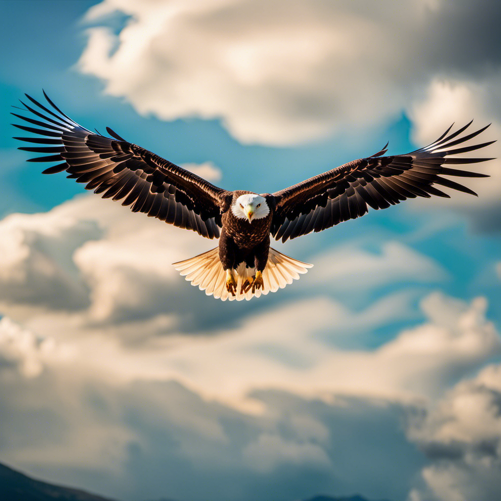 An image showcasing a majestic eagle gracefully gliding through a vibrant blue sky, its outstretched wings fully extended, as the sunlight illuminates its feathers, evoking a sense of freedom and awe-inspiring power