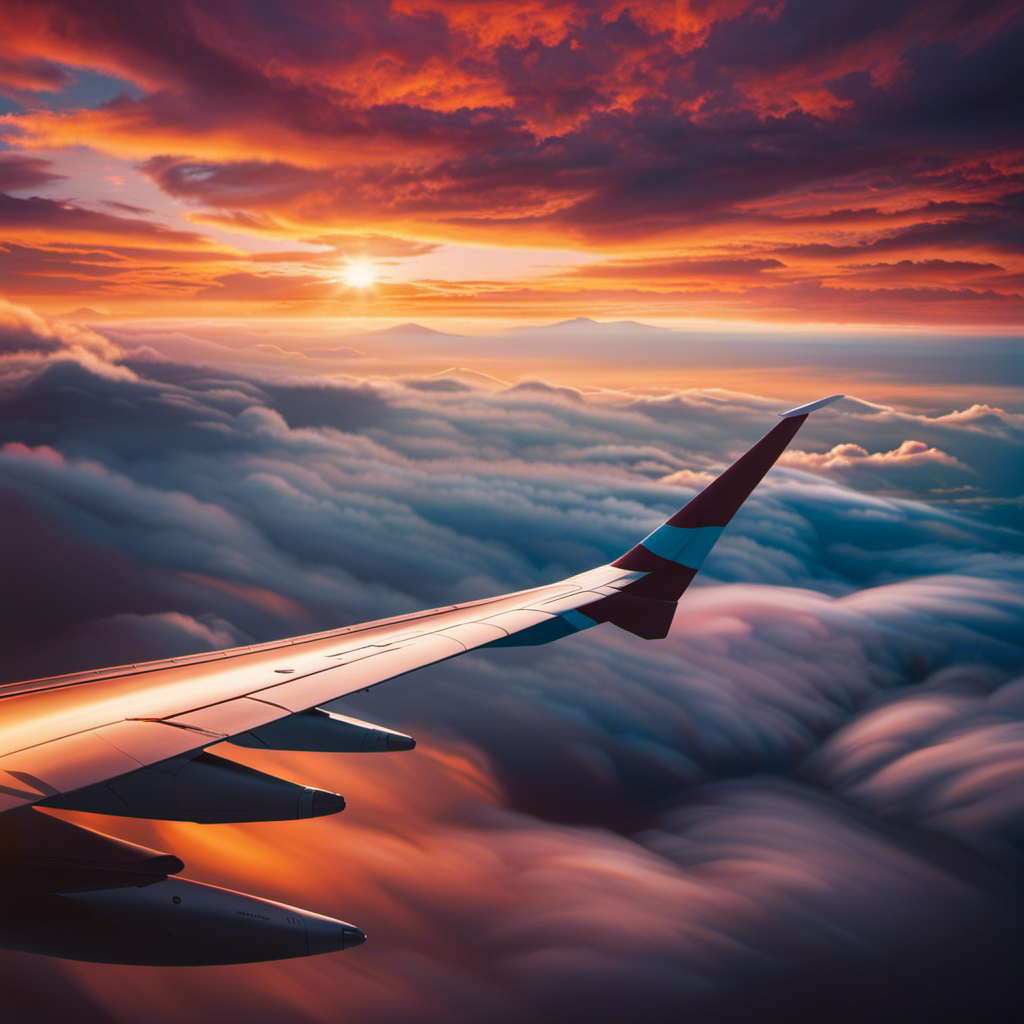 An image capturing the exhilaration of aviation, featuring a vibrant sunset sky strewn with wispy clouds, as a sleek airplane gracefully soars through the air, its wings outstretched against the backdrop