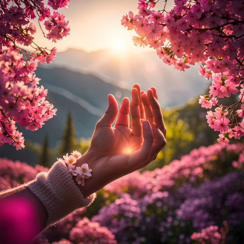 An image capturing the essence of "Soaring Love" - sunlight filtering through a canopy of vibrant, intertwined blossoms, casting a soft glow on a pair of hands reaching out, fingers entwined, against a serene backdrop of majestic mountains
