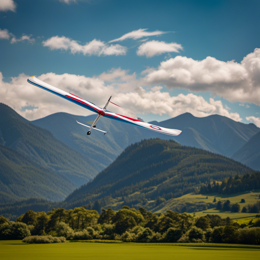 An image featuring a remote control sailplane soaring gracefully against a vivid blue sky, with towering mountains in the background