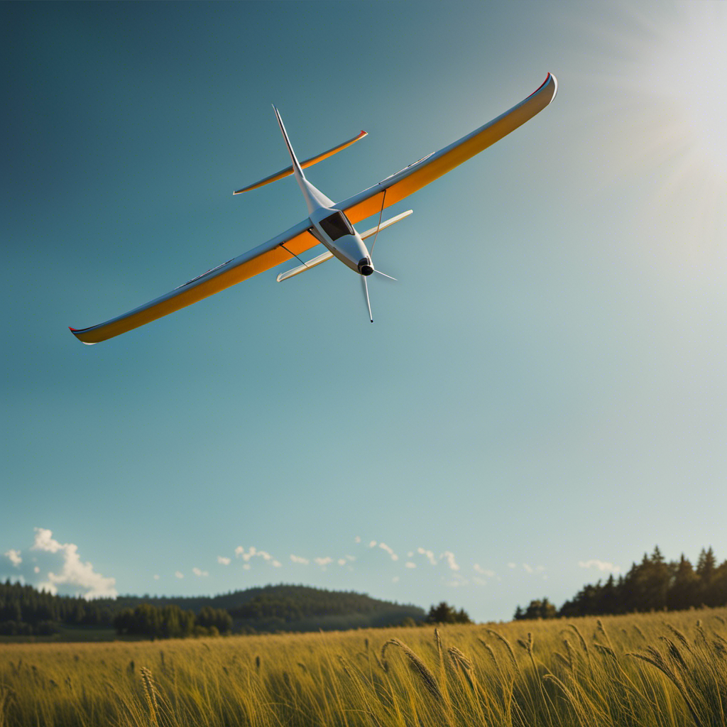 An image capturing a picturesque scene of a sleek, lightweight remote-controlled sailplane soaring gracefully amidst clear blue skies