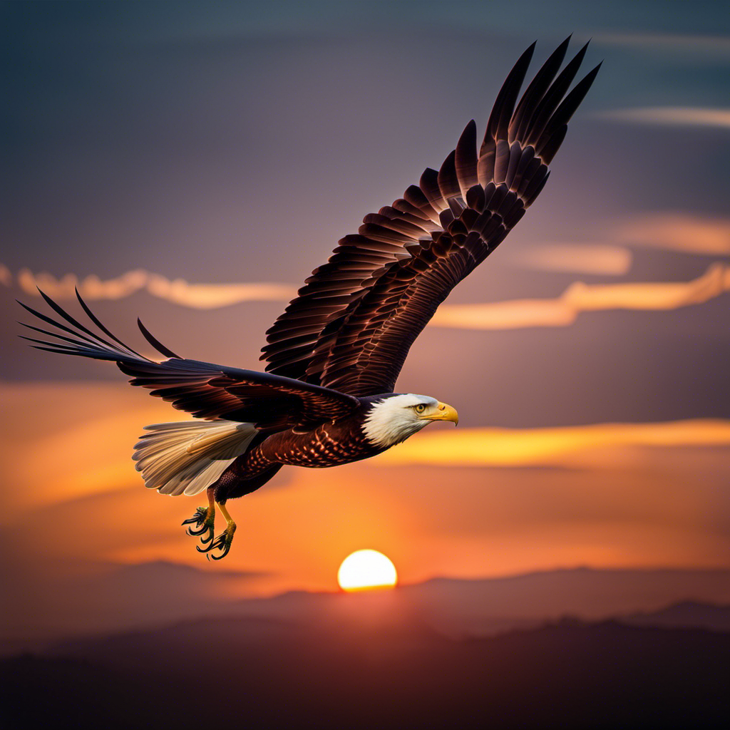 An image depicting a soaring eagle gracefully descending through a vibrant sunset sky, its wings perfectly angled to achieve the ideal glide angle