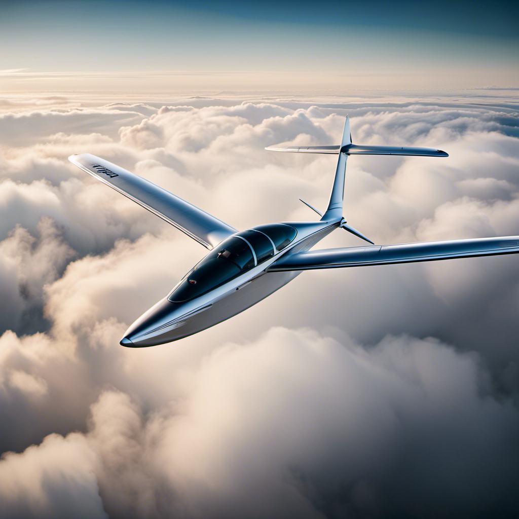 A captivating image showcasing a panoramic view of a sleek and elegant sailplane soaring gracefully through the clouds, showcasing its aerodynamic design, slender wings, and state-of-the-art instrumentation