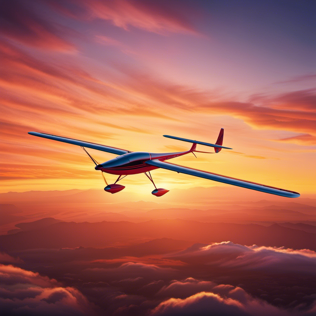 An image showcasing a sailplane suspended in mid-air, gracefully gliding through a vibrant sunset sky